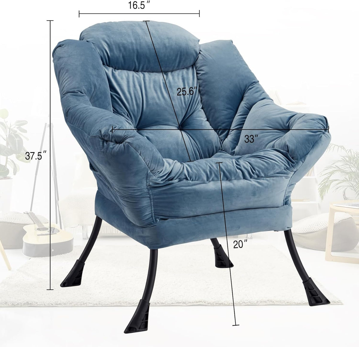 Blue Velvet Lounge Chair with Steel Frame and Side Pocket B944227
