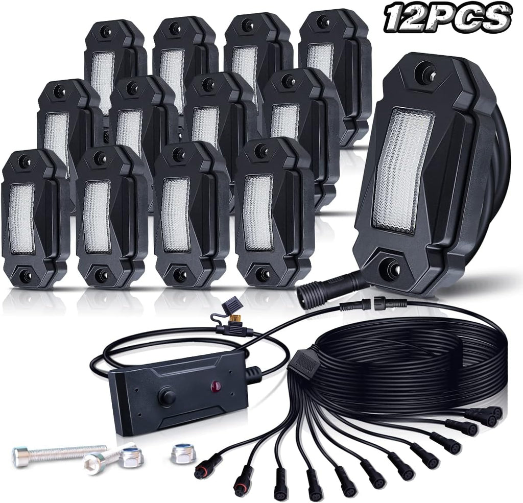 White LED Rock Lights Kit 12 Pods with Switch 21ft Wiring Harness H71073