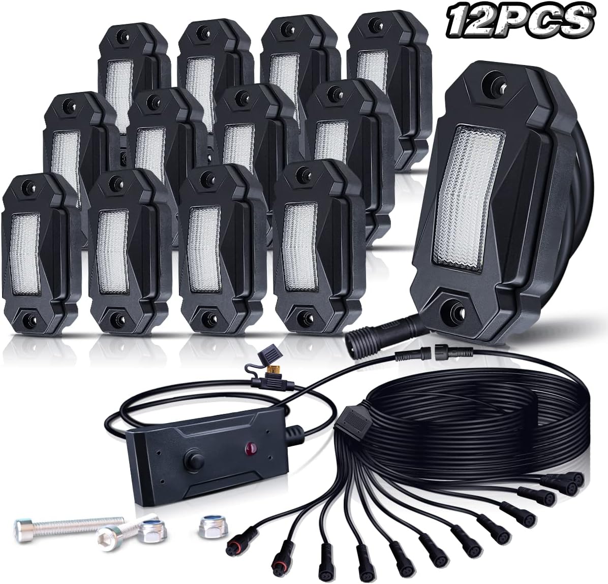 White LED Rock Lights Kit 12 Pods with Switch 21ft Wiring Harness H71073
