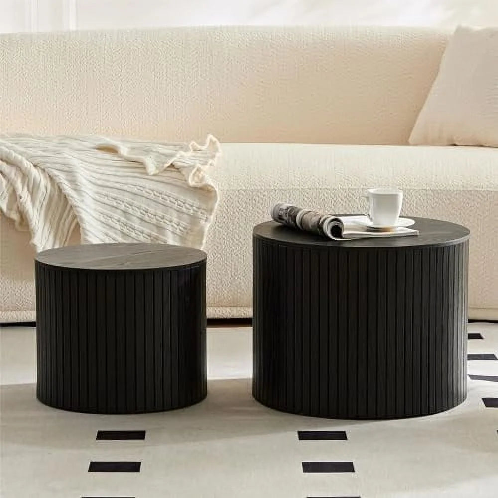 Nesting Coffee Table Set of 2 Round Wooden Walnut F3224