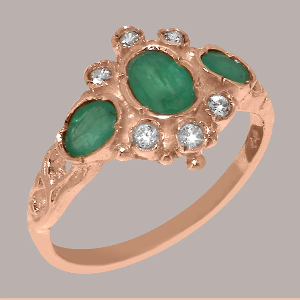 14k Rose Gold Natural Emerald & Diamond Ring C2043