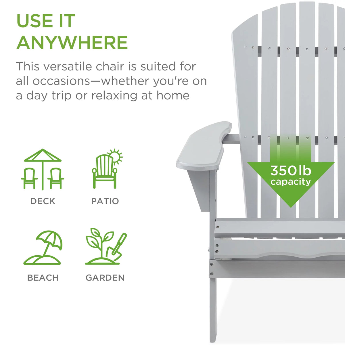 Folding Adirondack Chair Outdoor Wooden Accent Lounge Furniture 350lb Capacity Gray P462544